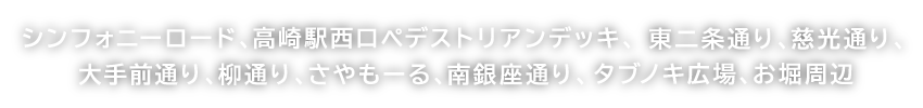 シンフォニーロード、東2条通り、慈光通り、大手前通り、タブの木広場、高崎城址公園周辺